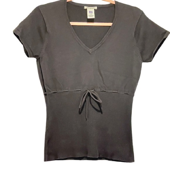 Black V-Neck Knit Short Sleeve Sweater Top with Woven Waist Tie and Ribbed Hem. - Picture 1 of 5